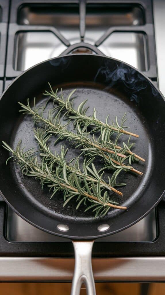 rosemary sprigs turning black at the tips with light smoke rising, resting in a hot dry skillet, showing crispy edges and green centers