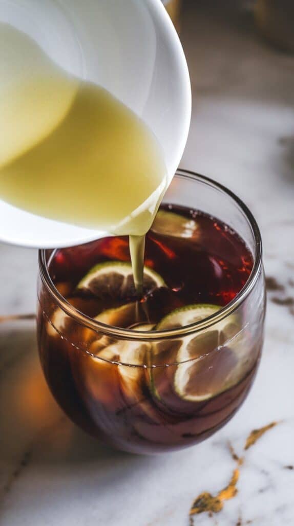pale green lime juice being poured from a white plate into the tea and rum mixture, light streaks forming in the dark punch
