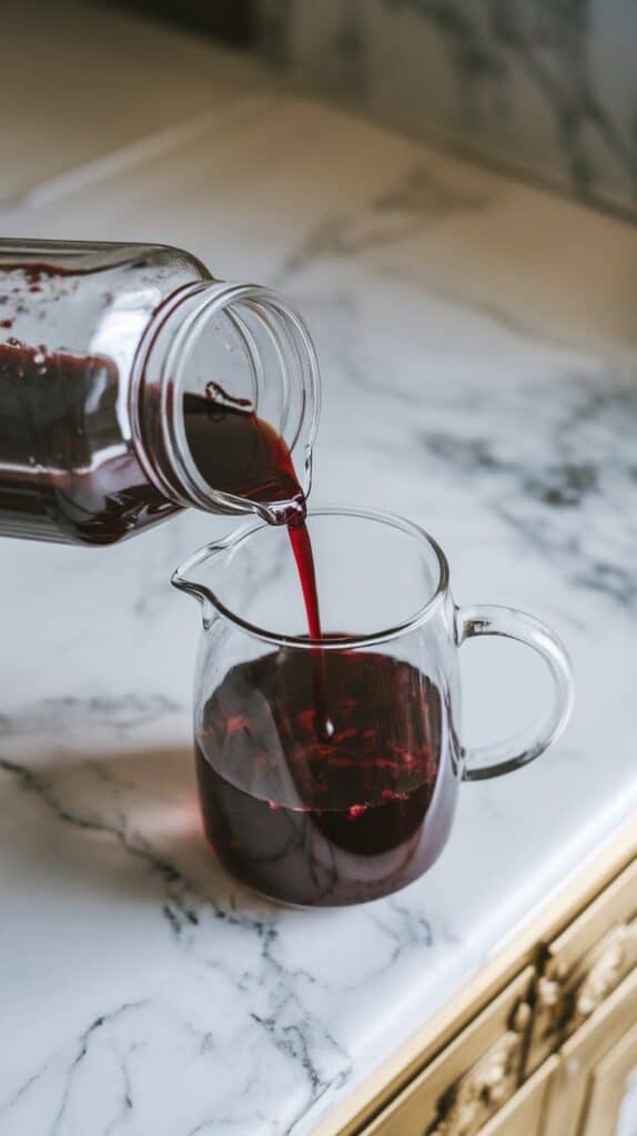 deep red hibiscus tea concentrate being poured from a glass jar into a clear pitcher, the dark liquid pooling at the bottom