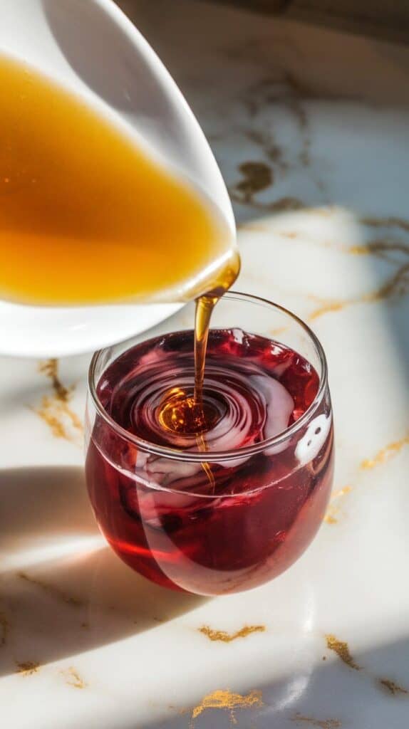 golden honey syrup being poured from a white plate into the hibiscus and rum mixture, glossy ripples forming on the surface