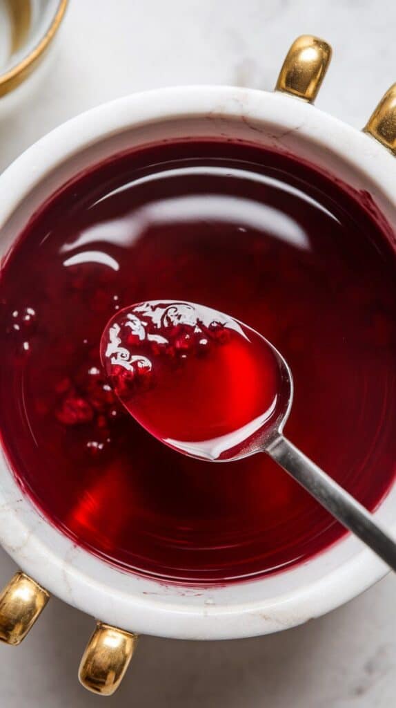 a spoon stirring the hibiscus rum punch mixture, the liquid turning a deep, even crimson