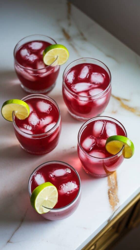  four glasses filled with crimson hibiscus rum punch, garnished with lime slices and clear ice cubes