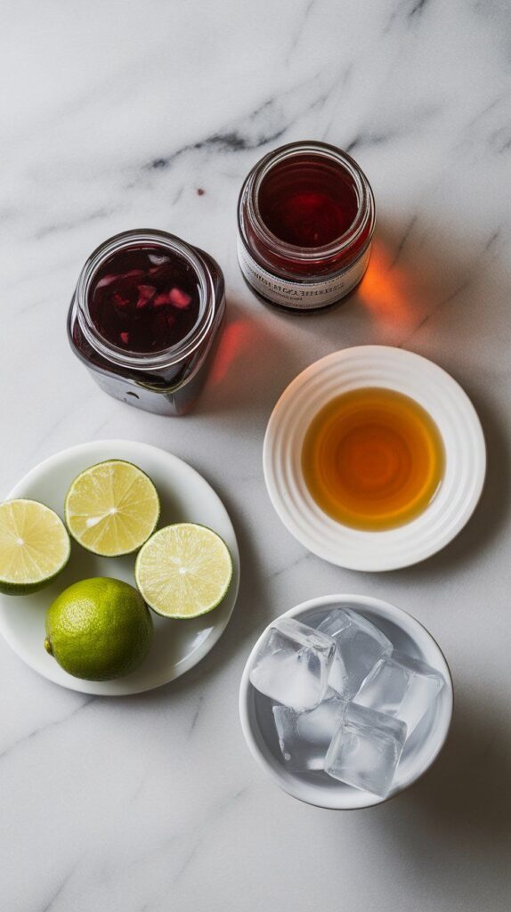 a small glass jar filled with deep red hibiscus tea concentrate, a small glass jar of dark rum, a small white plate with fresh lime halves and one squeezed, a small white plate filled with golden honey syrup, and a small white bowl of clear ice cubes