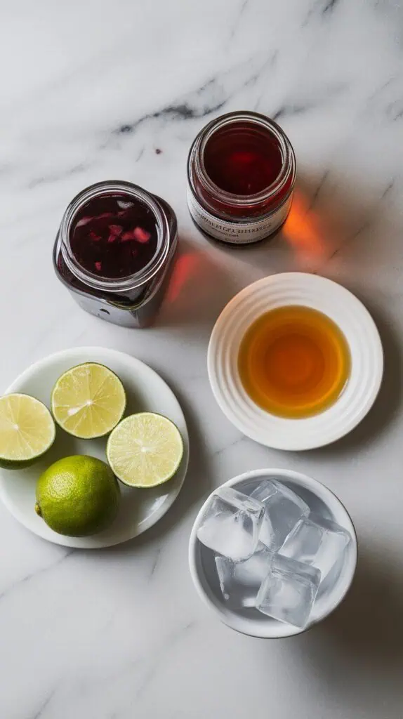 a small glass jar filled with deep red hibiscus tea concentrate, a small glass jar of dark rum, a small white plate with fresh lime halves and one squeezed, a small white plate filled with golden honey syrup, and a small white bowl of clear ice cubes