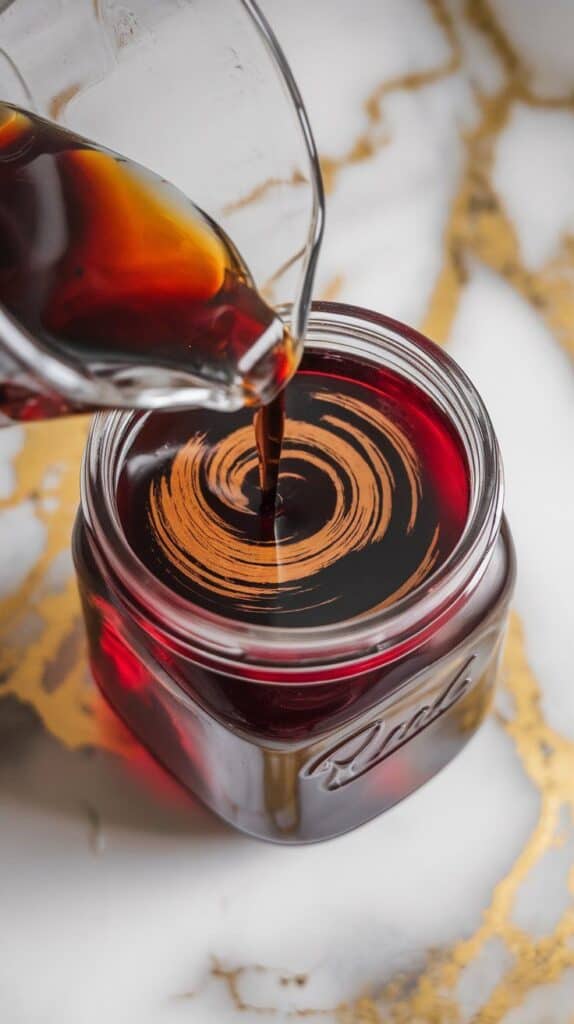  dark rum being poured from a glass jar into the hibiscus tea concentrate, golden-brown swirls blending into the dark red tea