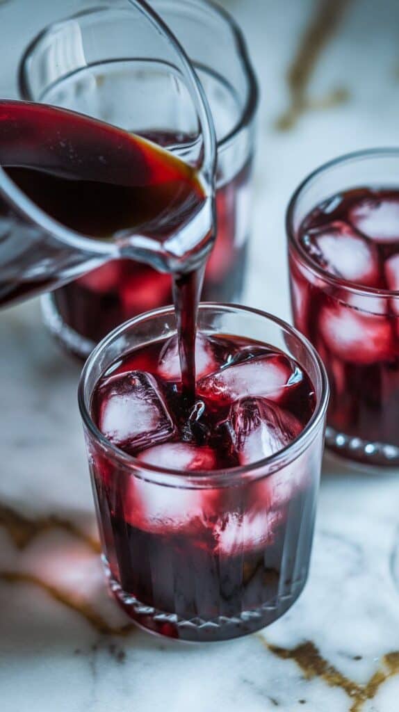 deep crimson hibiscus rum punch being poured into clear glasses filled with clear ice cubes, dark liquid surrounding the ice