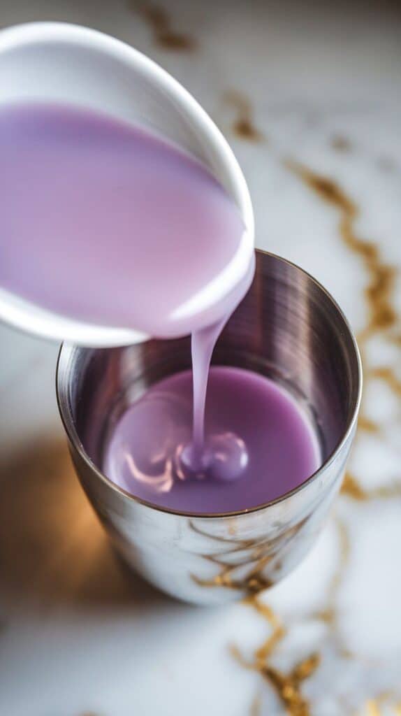 pale purple lavender syrup being poured from a small white plate into a clear cocktail shaker, syrup pooling at the bottom
