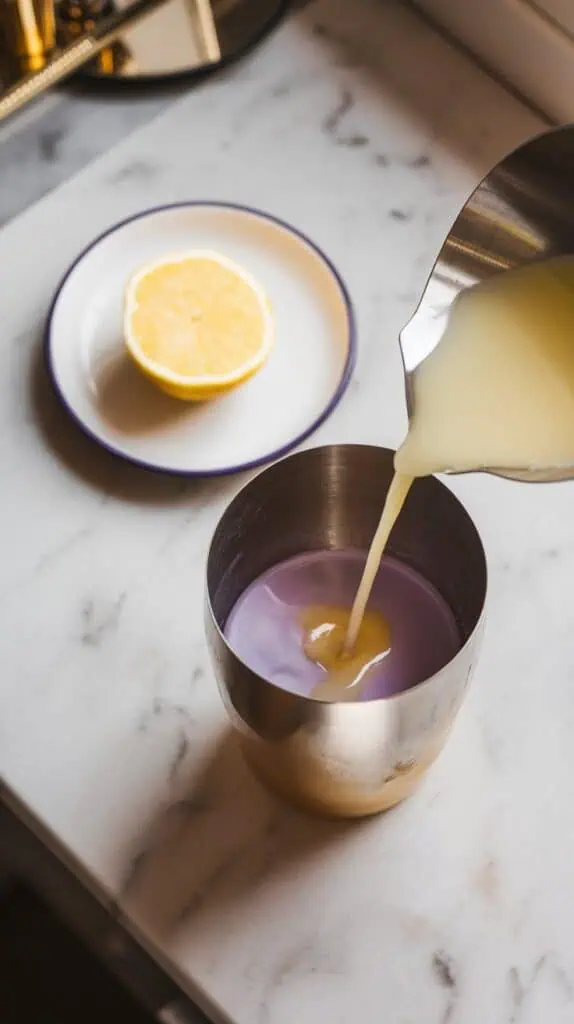 pale yellow fresh lemon juice being poured from a small white plate into the lavender syrup, light yellow streaks forming as the liquids meet
