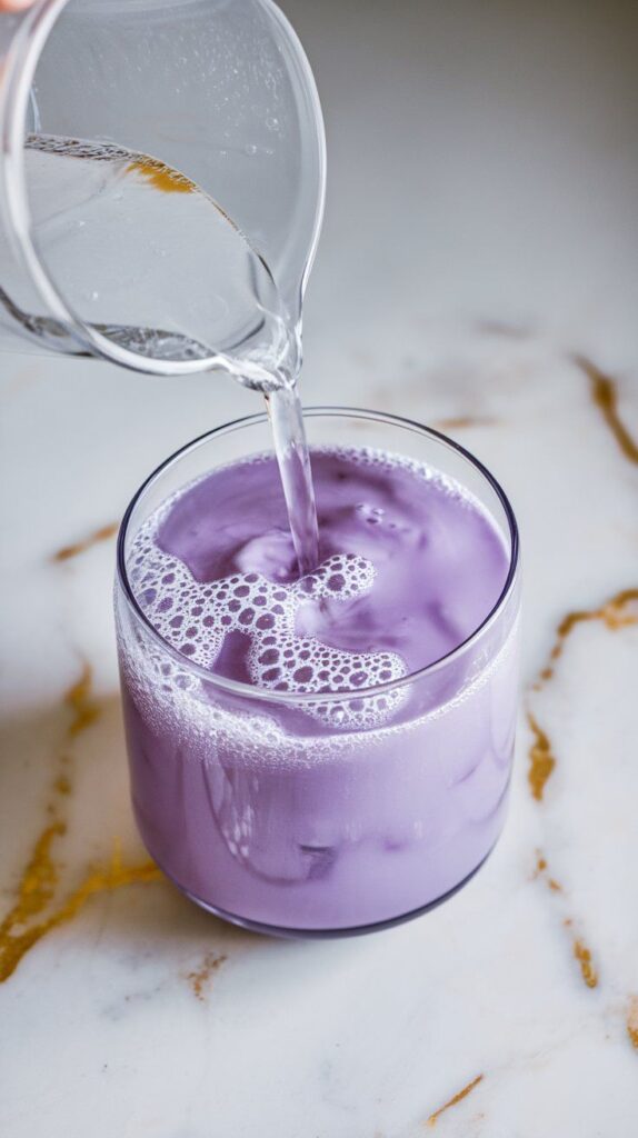  clear club soda being poured from a small white plate into the dark charcoal lemonade, creating bubbly layers at the top