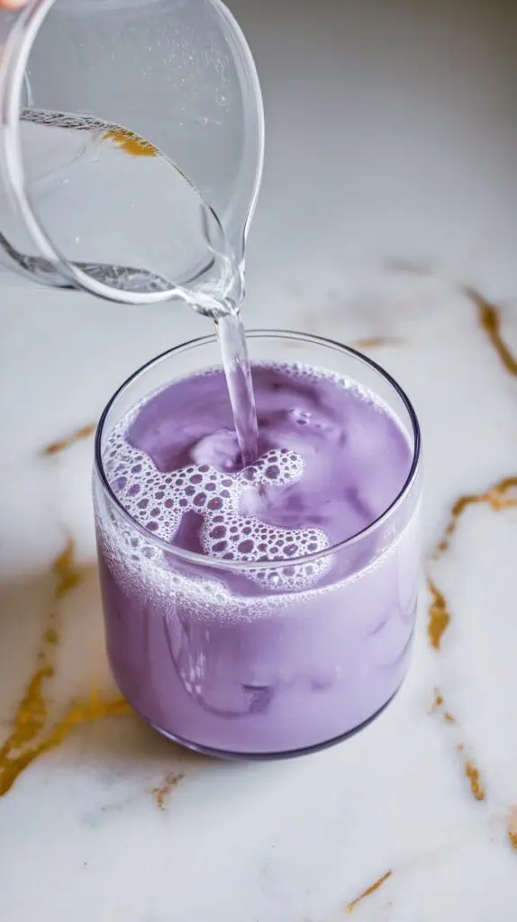  clear club soda being poured from a small white plate into the dark charcoal lemonade, creating bubbly layers at the top