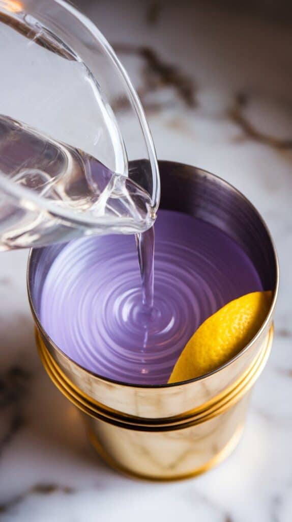 clear vodka being poured from a white plate into the lavender and lemon mixture, creating light ripples in the purple and yellow liquid