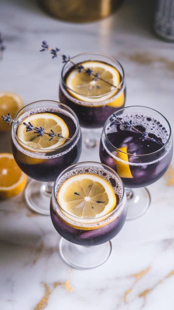 four glasses filled with lavender charcoal lemonade punch, garnished with fresh lemon slices and lavender sprigs, fizzy bubbles on top