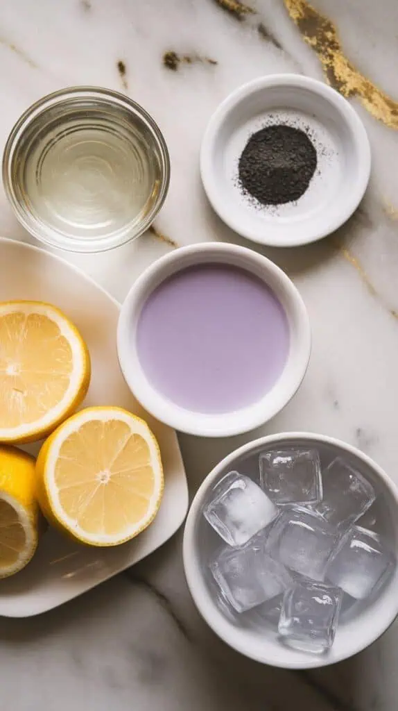  a small white plate with clear vodka, a small white plate with pale purple lavender syrup, a small white plate with fresh lemon halves and one squeezed, a small white dish of fine activated charcoal powder, and a small white bowl of clear ice cubes