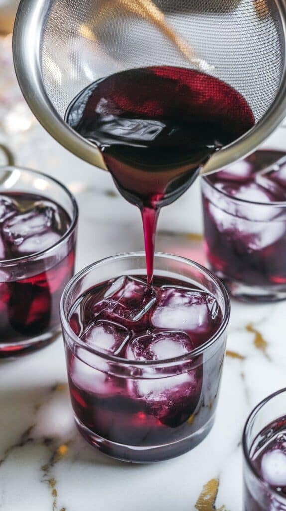 deep dark lavender lemonade punch being strained into clear glasses filled with clear ice cubes, smooth liquid flowing through without clumps
