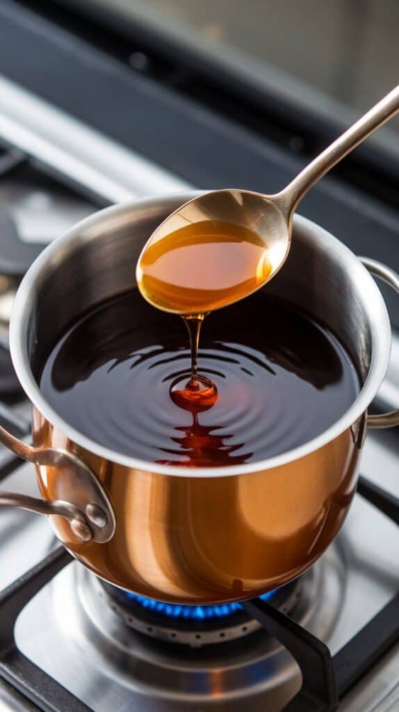 golden honey being drizzled from a spoon into the mulled wine punch, creating ripples on the warm surface