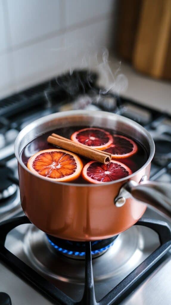 the mulled wine punch gently steaming in the saucepan, cinnamon sticks and blood orange slices floating on the surface
