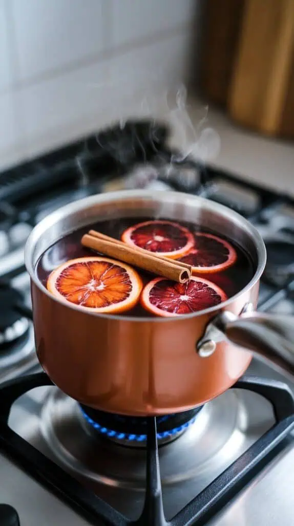 the mulled wine punch gently steaming in the saucepan, cinnamon sticks and blood orange slices floating on the surface