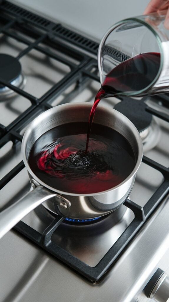  dark red wine being poured from a glass jar into the black tea in the saucepan, deep crimson liquid swirling together