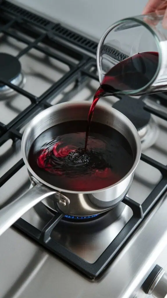  dark red wine being poured from a glass jar into the black tea in the saucepan, deep crimson liquid swirling together