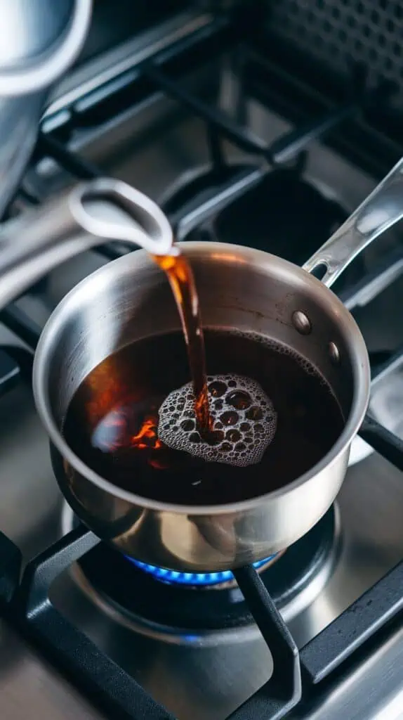 freshly brewed strong black tea being poured from a kettle into a medium stainless steel saucepan, dark tea filling the bottom of the pan