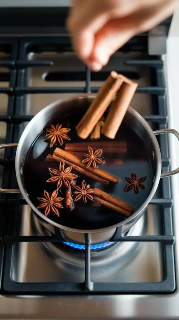 whole star anise pods and cinnamon sticks being dropped into the dark wine and tea mixture, floating on the surface