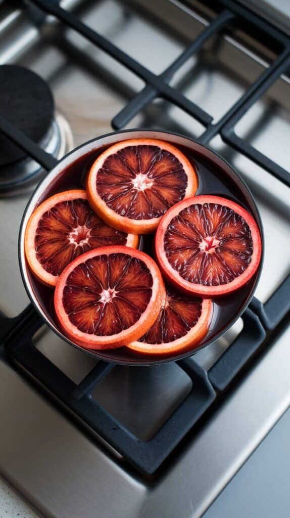 thin blood orange slices being placed on top of the mulled wine mixture, the bright red flesh contrasting with the dark liquid