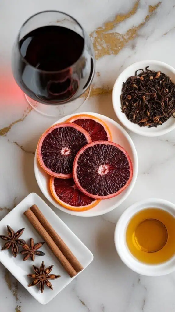 a small glass jar filled with dark red wine, a small glass jar of strong black tea, a small white plate holding thin blood orange slices, a small white dish with whole star anise pods and cinnamon sticks, and a small white plate with golden honey