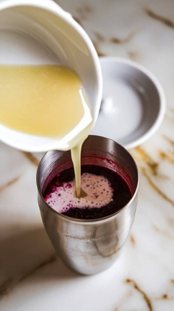 pale yellow fresh lemon juice being poured from a small white plate into the blackberry purée, creating light streaks in the dark mixture