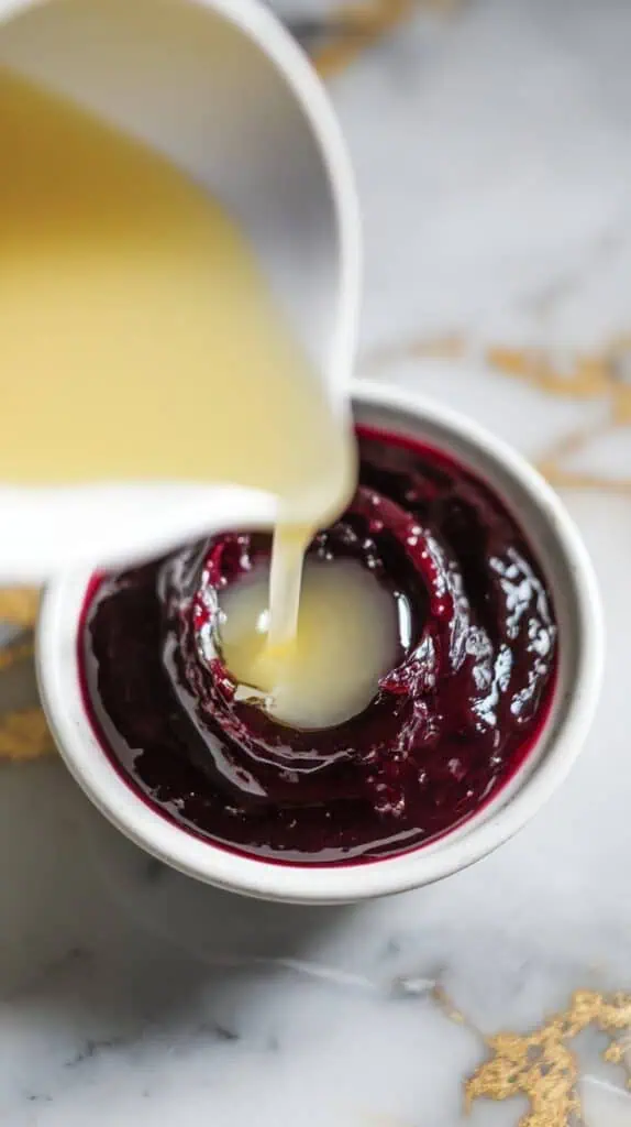 pale yellow fresh lemon juice being poured from a small white plate into the blackberry purée, creating light streaks in the dark mixture