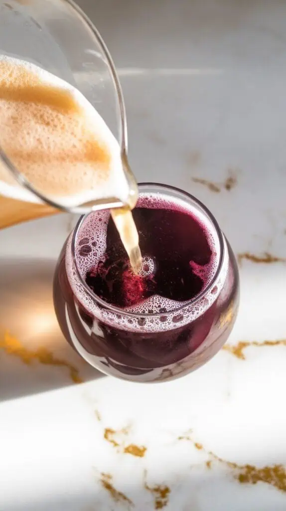 pale ginger beer being poured into the dark purple punch, creating bubbly layers and a foamy top
