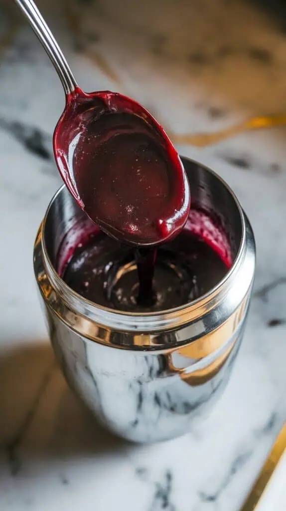 smooth dark blackberry purée being spooned into a clear cocktail shaker, the thick purée pooling at the bottom