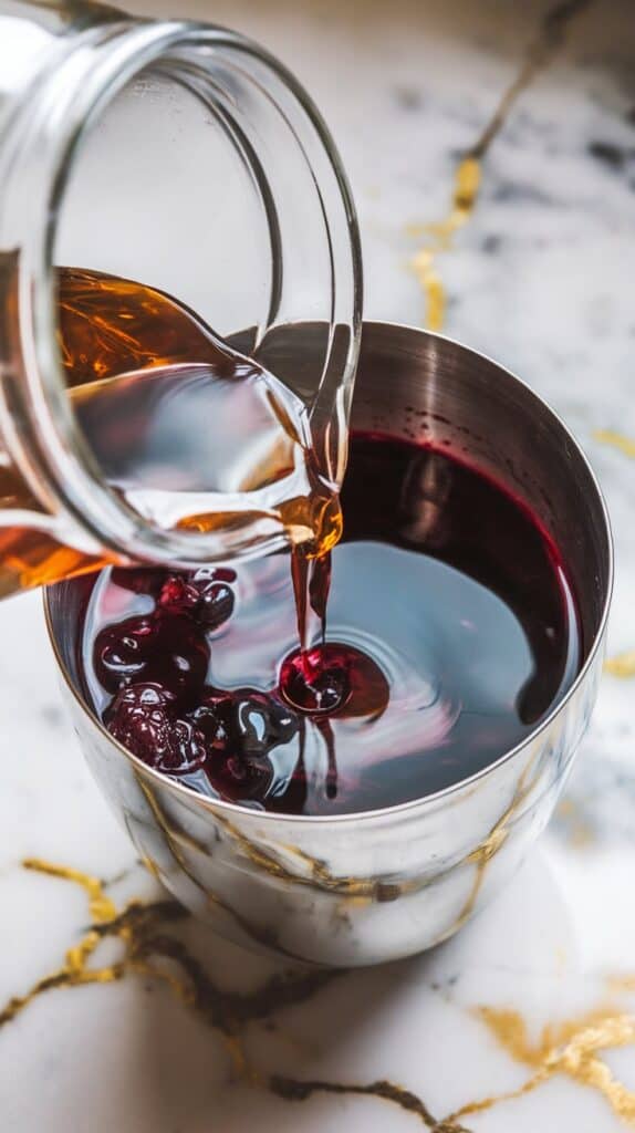 clear mezcal being poured from a glass jar into the blackberry and lemon mixture, forming shiny ripples in the dark purée