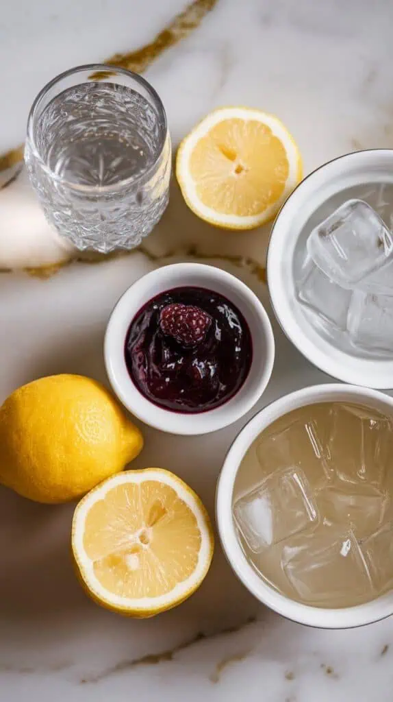  a small glass jar filled with clear mezcal, a small white bowl of smooth dark blackberry purée, a small white plate with fresh lemon halves and one squeezed, a small glass jar of pale ginger beer, and a small white bowl of clear ice cubes