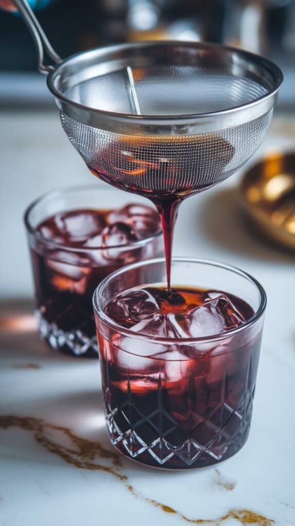 deep purple blackberry mezcal mixture being strained into two clear glasses filled with clear ice cubes