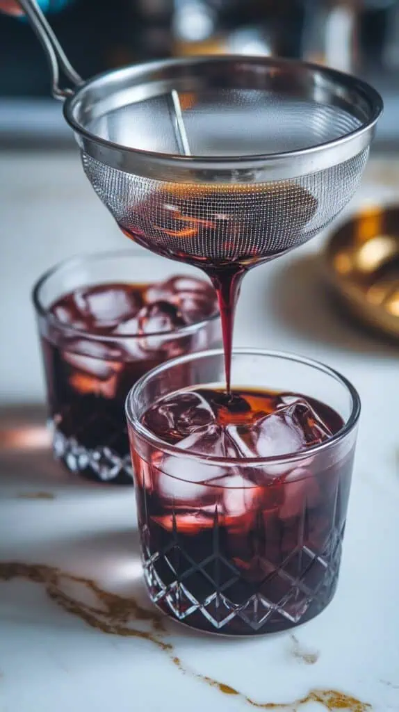 deep purple blackberry mezcal mixture being strained into two clear glasses filled with clear ice cubes