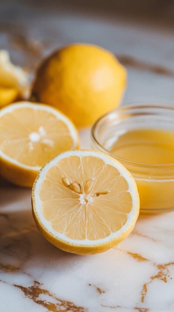 lemon halves and a small bowl of freshly squeezed lemon juice with visible pulp, seeds set aside