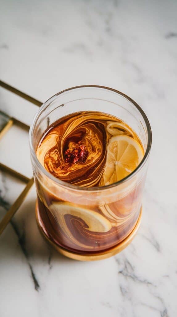 close-up shot of thick fig jam, clear gin, lemon juice, and thyme syrup blending in a clear glass shaker, swirled together into a rich golden mixture