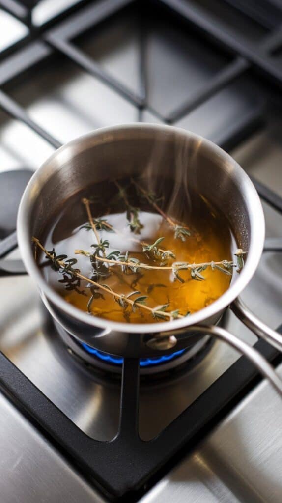 a small saucepan with thyme sprigs floating in hot sugar syrup, light steam rising, with the syrup beginning to thicken slightly