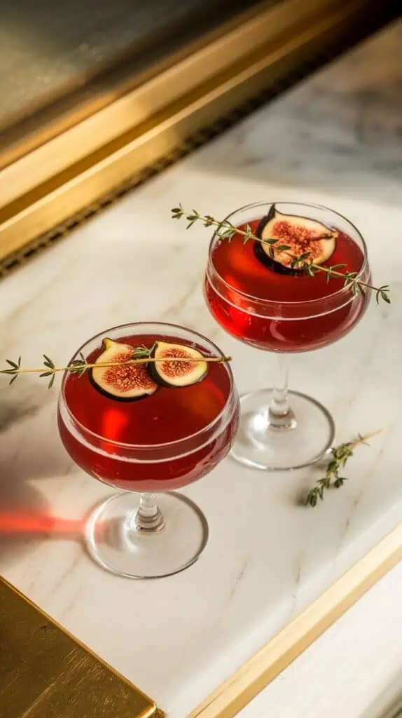  two cocktail glasses filled with vampire’s fig & thyme punch, garnished with fresh thyme and fig slices, served over clear ice