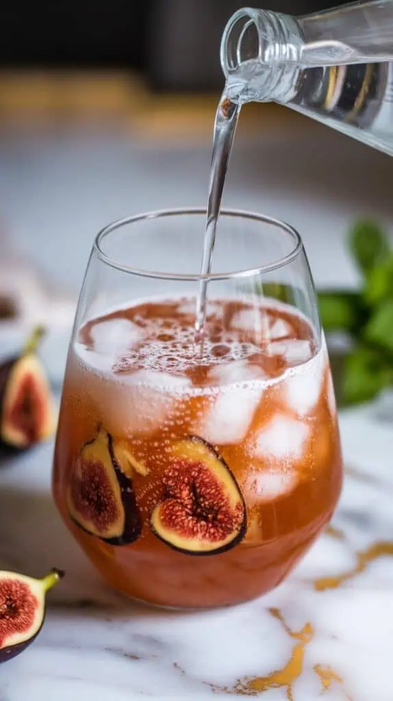 sparkling water being poured into a glass filled with fig punch over ice, bubbles rising to the top, with the drink layering slightly