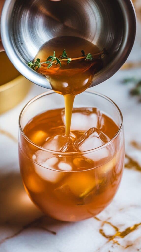 golden fig and thyme punch being strained into a glass over clear ice cubes, with the liquid forming soft ripples