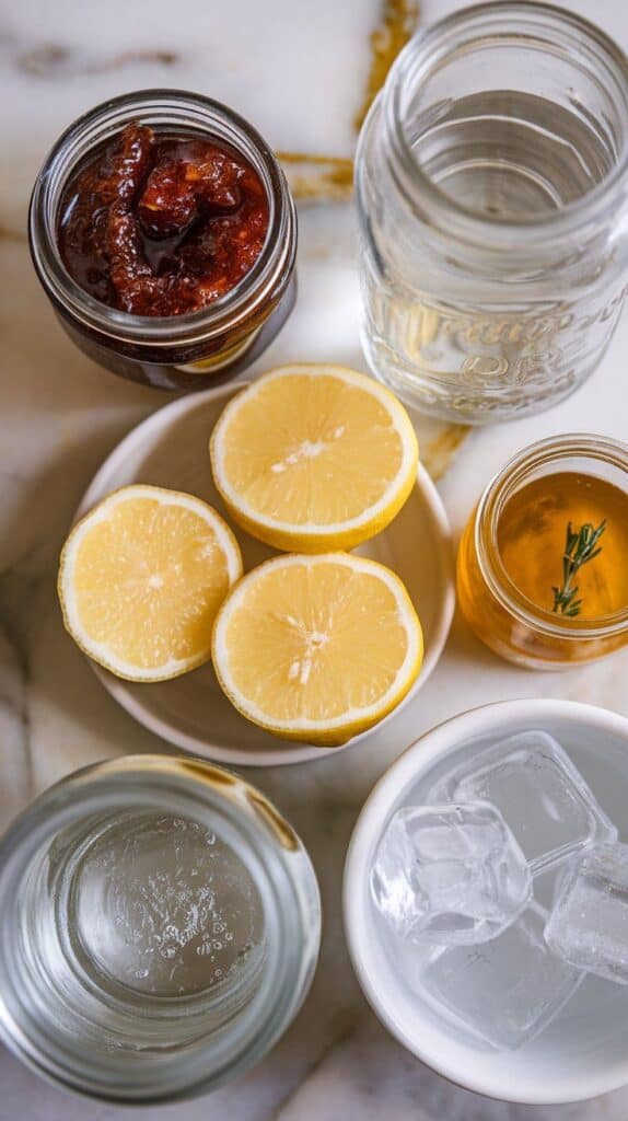 2 tbsp fig jam2 oz gin1 oz fresh lemon juice1 oz thyme simple syrup (homemade or store-bought)6 oz sparkling waterIceExtra thyme sprigs (garnish)