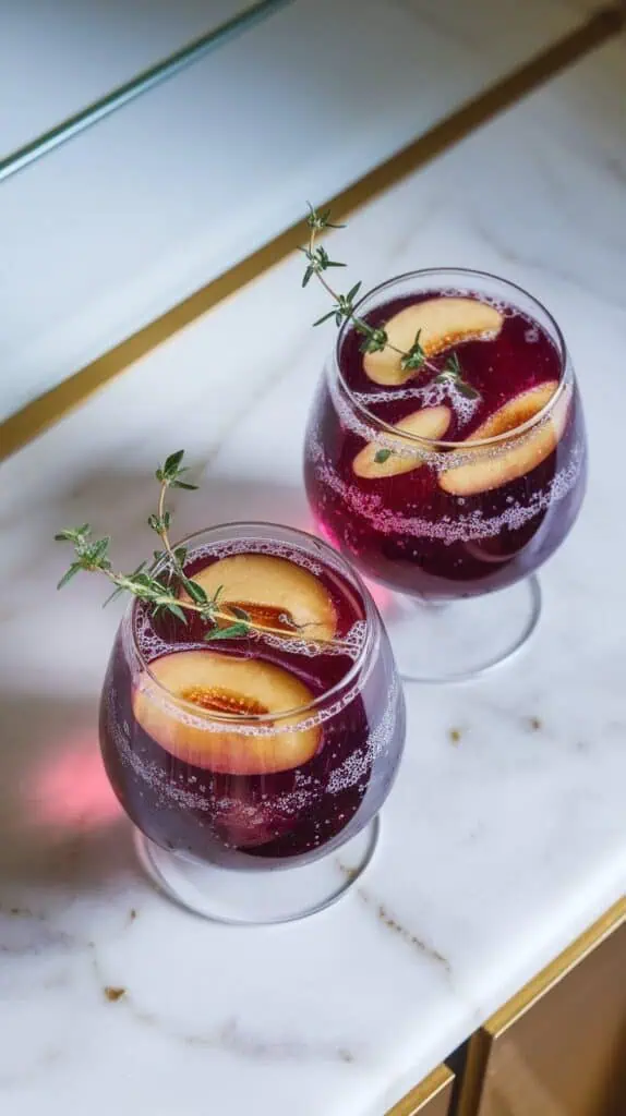 two glasses filled with the witch’s plum elixir, deep purple color, topped with fresh thyme sprigs and plum slices, sparkling bubbles rising