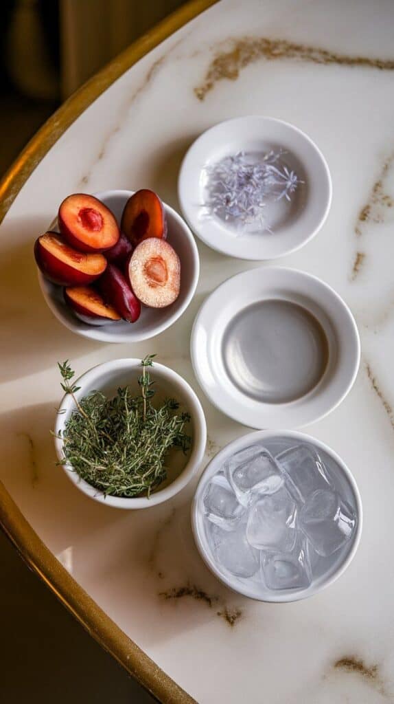 a small white plate holding sliced ripe plums, a small glass jar of clear elderflower syrup, a small glass jar of clear gin, a small white bowl of fresh thyme sprigs, and a small bowl of clear ice cubes