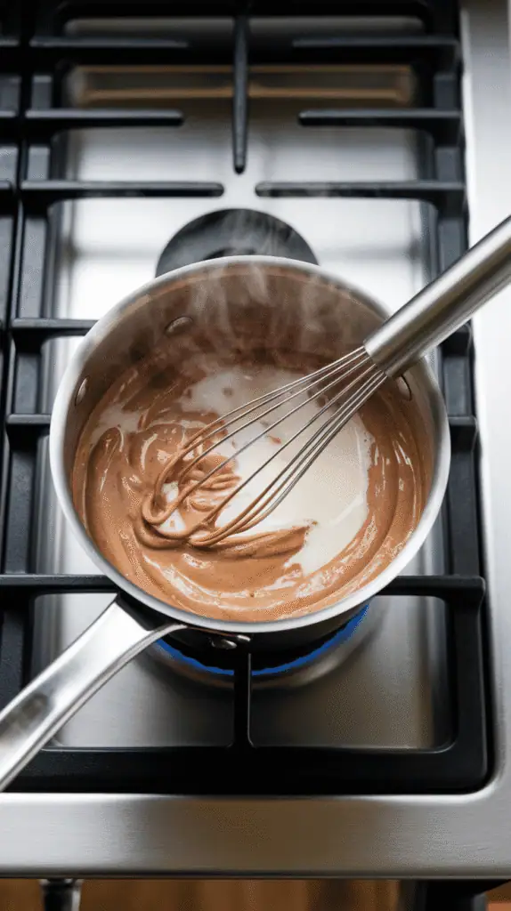 milk poured into the spiced chocolate-applesauce mix in the saucepan, mixture turning creamy and light brown, whisk blending it smoothly, steam just starting to rise, set on a modern stainless steel gas stove