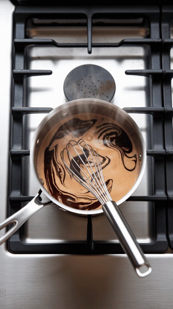 brewed coffee and vanilla being poured into the spiced mocha mixture, forming dark swirls into the creamy base, steam rising gently, whisk finishing the stir, set on a modern stainless steel gas stove