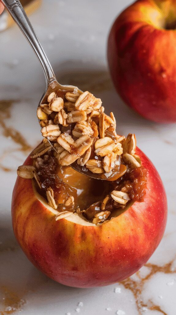 illing being spooned into the hollowed apples, mixture packed tightly, slightly overflowing at the top, oat and caramel mix visible in the core, set on white marble counters with hints of gold