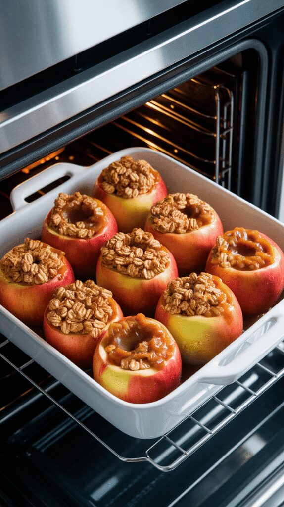 stuffed apples placed in a white baking dish inside a modern stainless steel double oven, tops golden and slightly crisp
