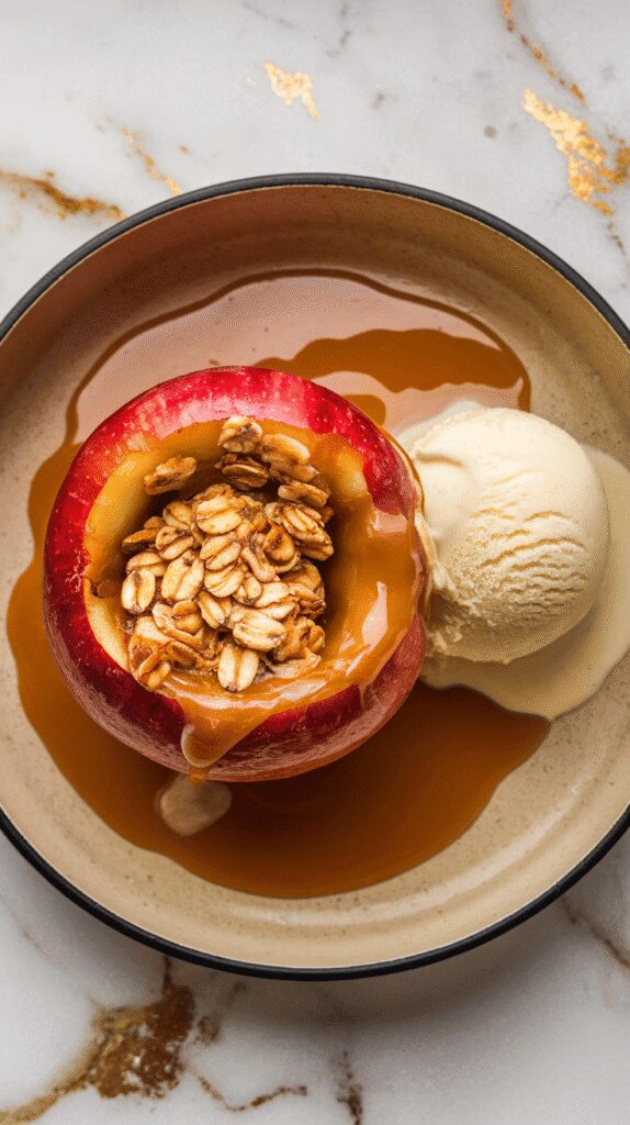 a plated baked apple served with a scoop of vanilla ice cream, caramel sauce pooling around the base, oat filling glistening on top, set on a white marble counter with hints of gold