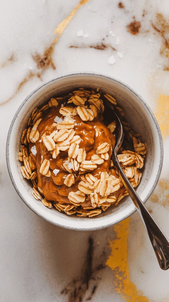 olled oats, brown sugar, melted butter, cinnamon, salt, vanilla, and bourbon mixed into a sticky golden filling in a small bowl, spoon resting on the side, mixture glossy and textured